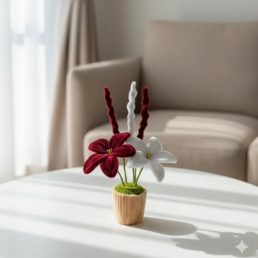 Şönil Bordo ve Beyaz Zambak Çiçek Aranjmanı - Dekoratif El Yapımı