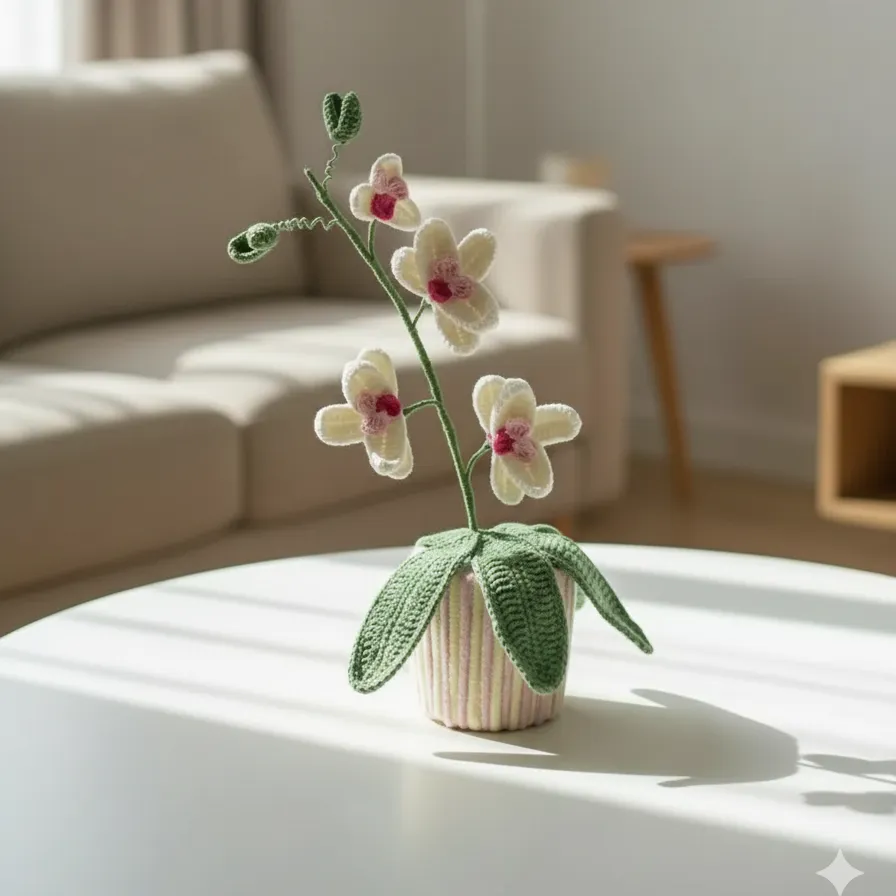 Beyaz ve Pembe Örgü Orkide Çiçek Saksı İçinde - El Yapımı