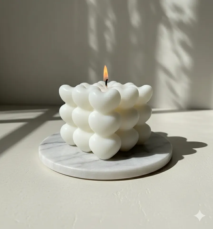 Beyaz Bubble Kalp Mum - Dekoratif Küp Formlu Soya Mum