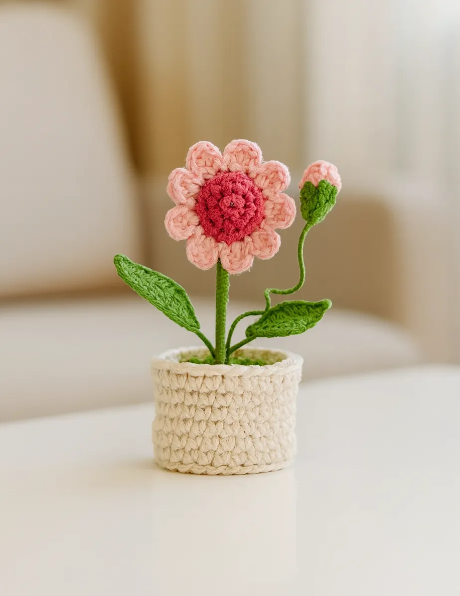 Pembe Papatya Motifli Örgü Saksı Çiçeği Dekoratif Hediyelik - El Emeği
