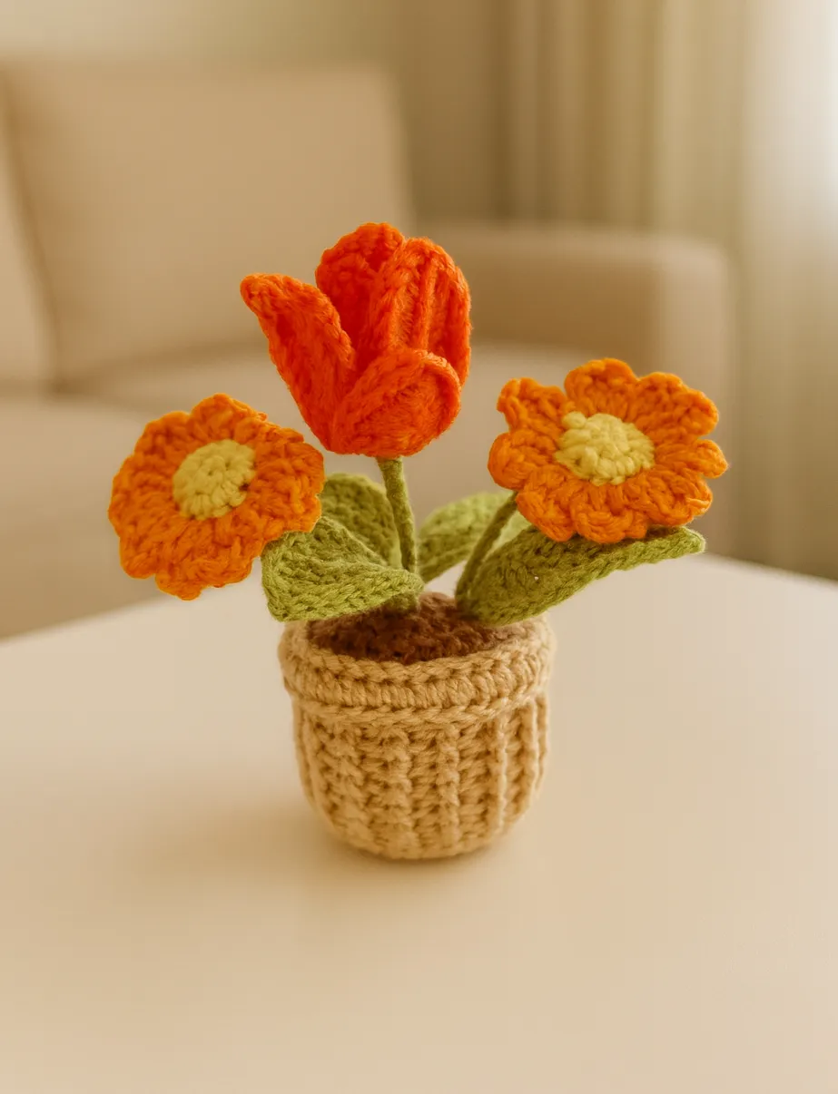 Handmade Amigurumi Orange Flower Bouquet in Pot