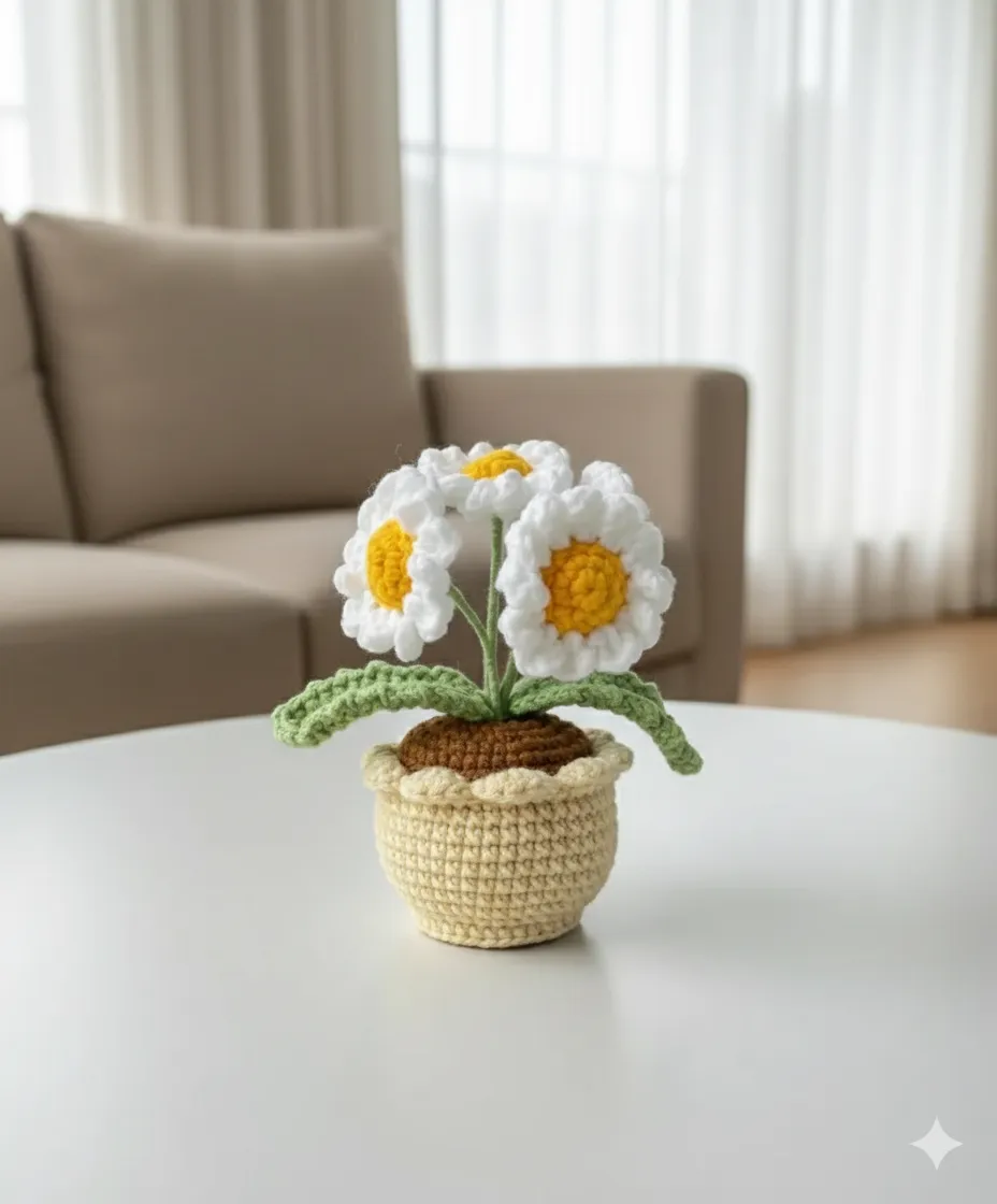 El Yapımı Tığ İşi Papatya Çiçek Saksı - Dekoratif Hediyelik