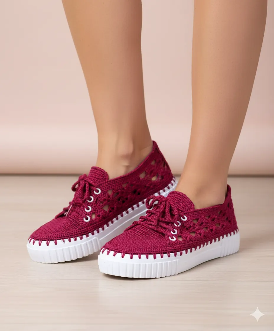 Bordo Renkli Örgü Spor Ayakkabı - El Emeği Dantel Detaylı