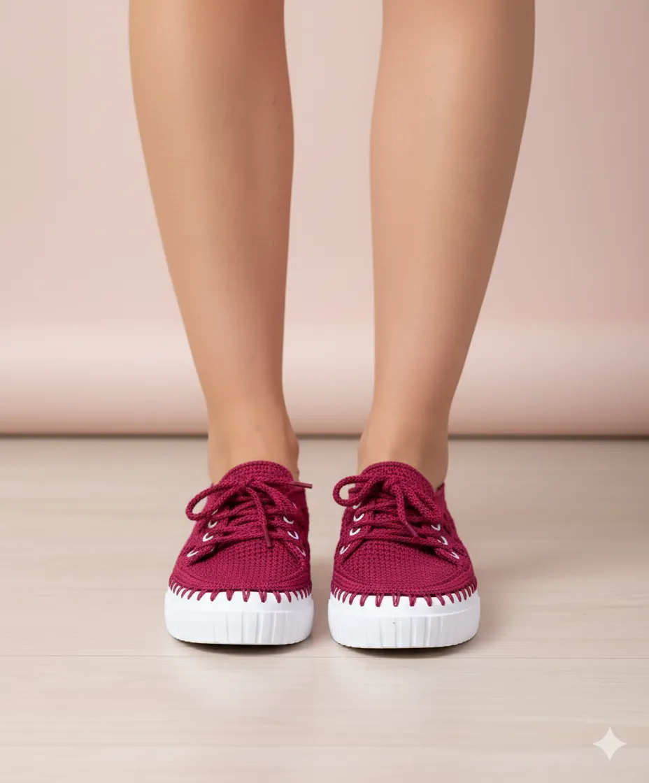 Bordo Renkli Örgü Spor Ayakkabı - El Emeği Dantel Detaylı