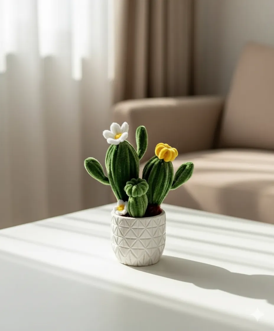 Şönil İpliği ile Örülmüş Kirpi Kaktüs Saksı - El Emeği Dekoratif