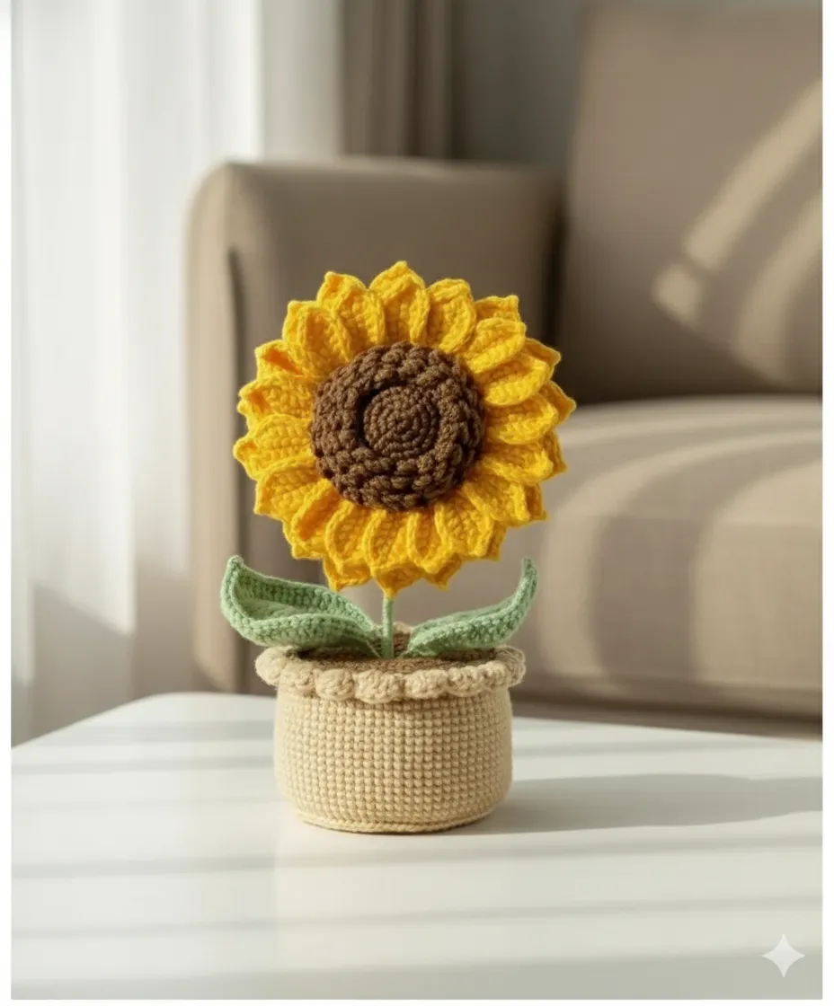 Sarı Örgü Ayçiçeği Saksı Bitki Dekoratif Hediyelik - El Yapımı
