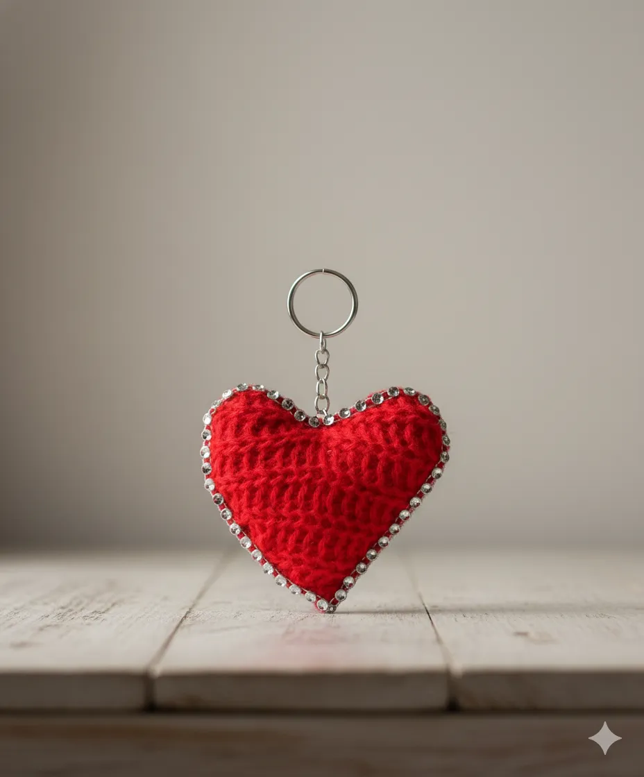 El Yapımı Pırıltılı Kırmızı Kalp Anahtarlık