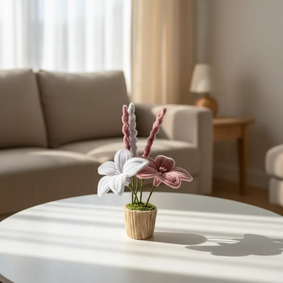 Şönilden Pembe pembe beyaz zambak lavanta aranjmanı