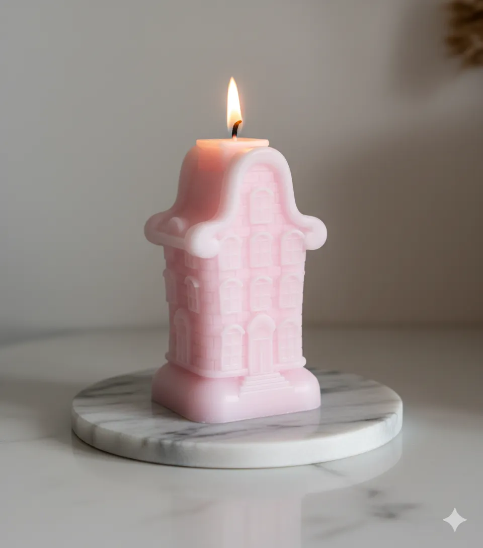 Handmade Decorative Candle in the Shape of a Pink Fairy Tale House