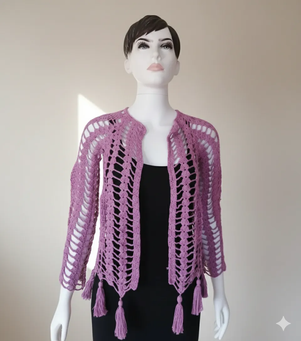 Lila Renkli Tığ İşi Örgü Hırka - Bahar ve Yaz Akşamları İçin İdeal