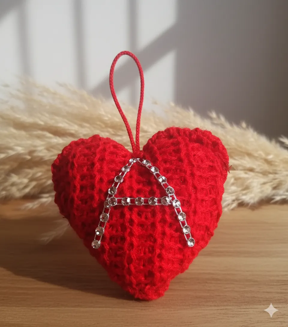 Kişiye Özel Taş Detaylı Harfli Örgü Kalp