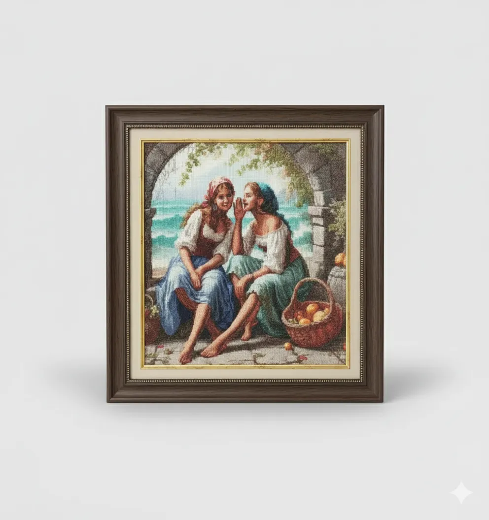 İşi Kanaviçe Tablo - İki Kız ve Deniz Manzaralı 58x55 cm - El