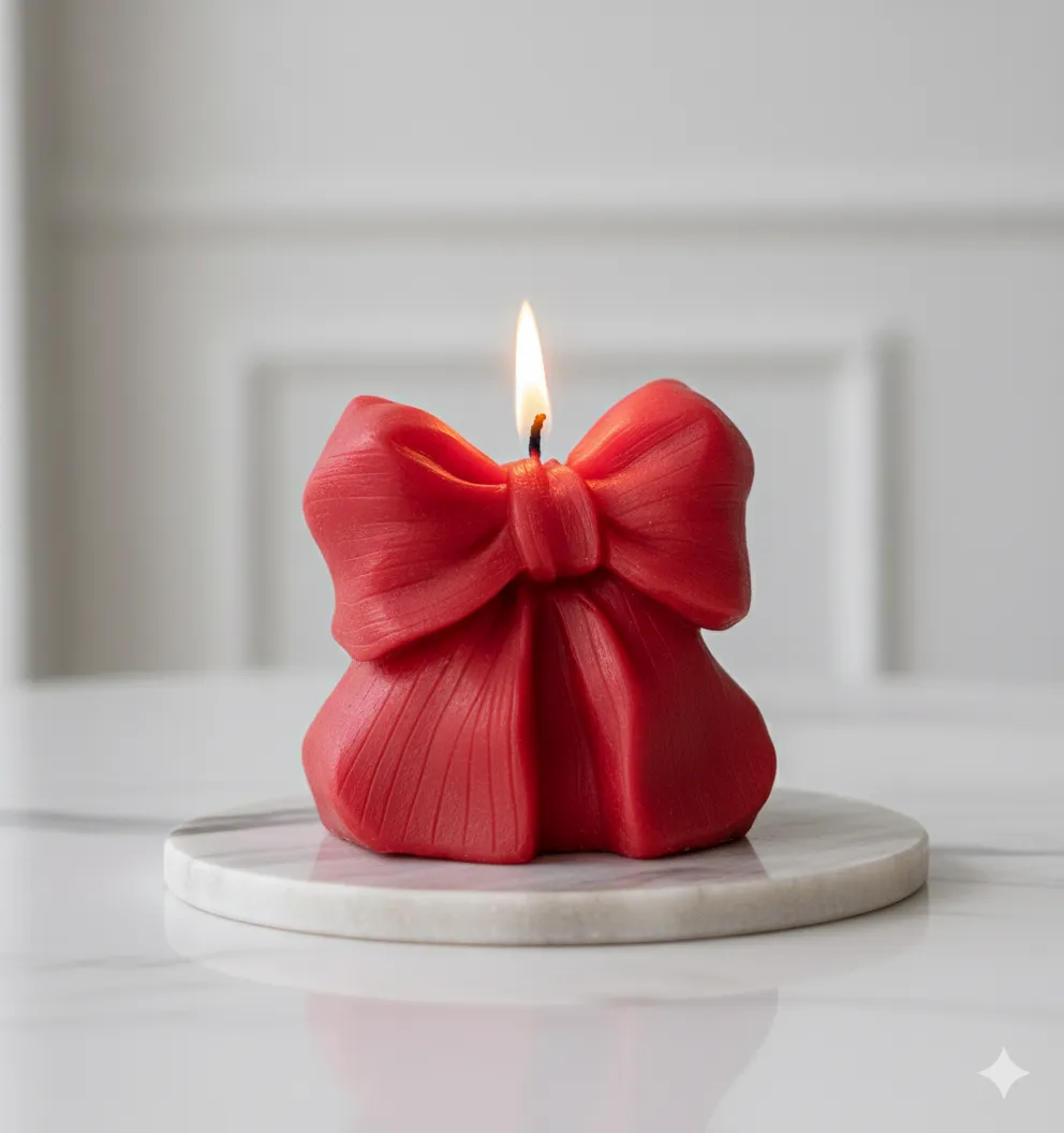 Kırmızı Fiyonk Figürlü Mum – Şık ve El Yapımı Dekoratif Mum