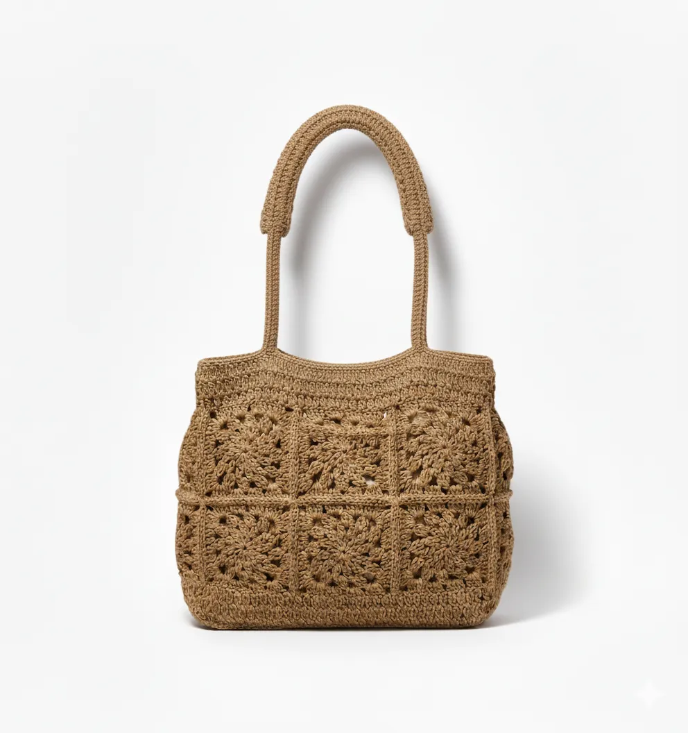 El Yapımı Kağıt İp Kare Motifli Omuz Çantası | Doğal Hasır Görünümlü Yaz Çantası