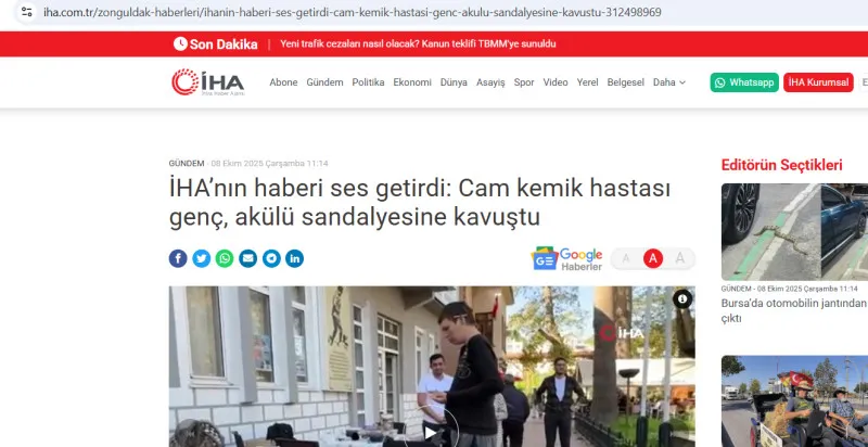 İHA’nın haberi ses getirdi: Cam kemik hastası genç, akülü sandalyesine kavuştu